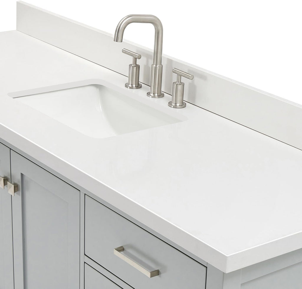 ARIEL Cambridge 66-inch Bathroom Vanity with Sink,Solid Wood, 1.5-inch Pure White Quartz Countertop & Backsplash, Single Rectangular Porcelain Sink, 2 Soft Closing Doors, 9 Dovetail Drawers, Grey