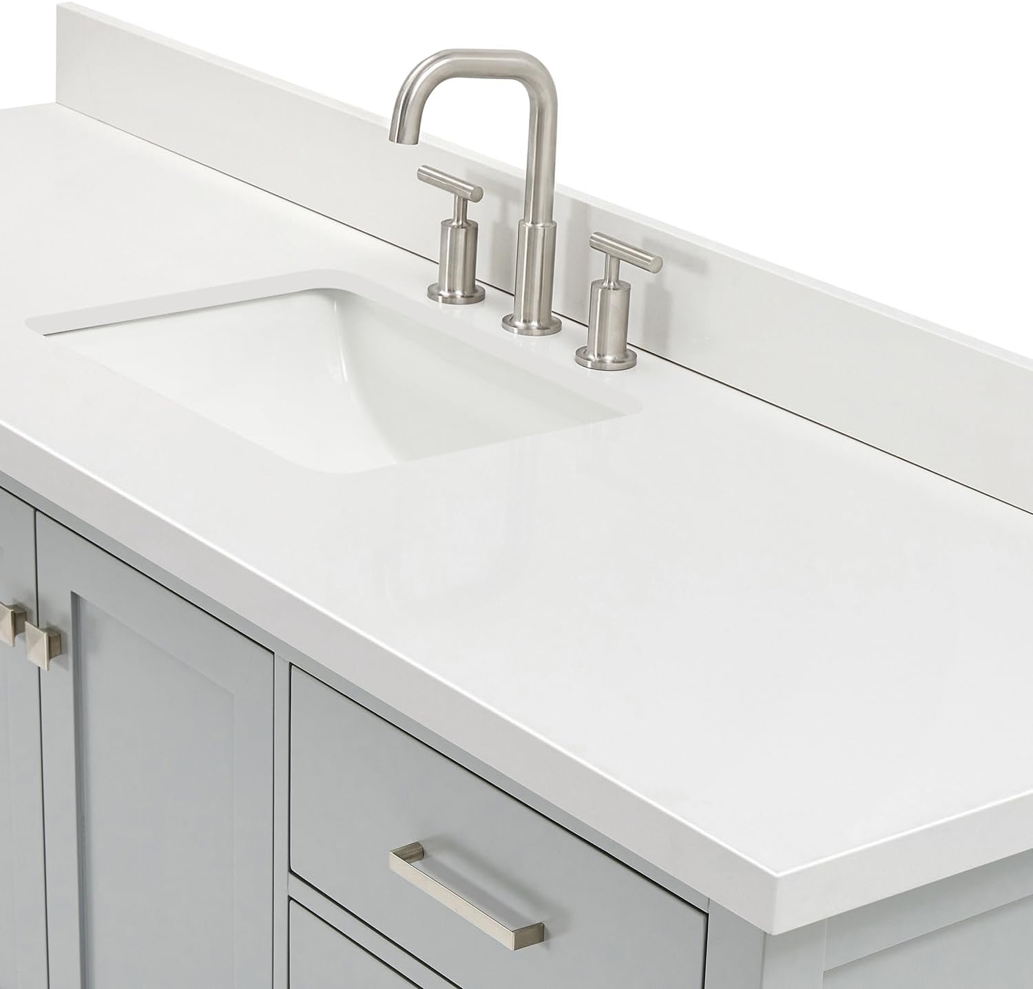 ARIEL Cambridge 66-inch Bathroom Vanity with Sink,Solid Wood, 1.5-inch Pure White Quartz Countertop & Backsplash, Single Rectangular Porcelain Sink, 2 Soft Closing Doors, 9 Dovetail Drawers, Grey