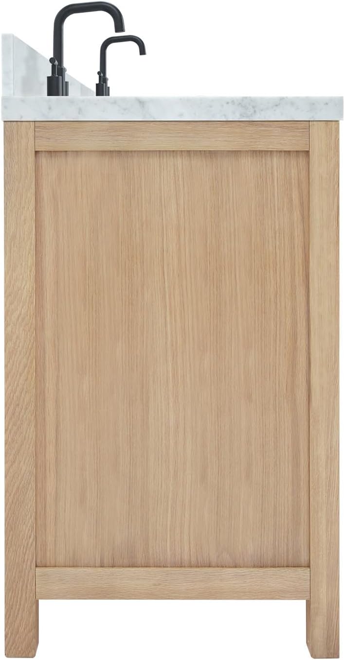 ARIEL Cambridge 66-inch Bathroom Vanity with Sink,Solid Wood, 1.5-inch Italian Carrara Marble Countertop, Double Oval Porcelain Sink, 4 Soft Closing Doors, 6 Dovetail Drawers, White Oak
