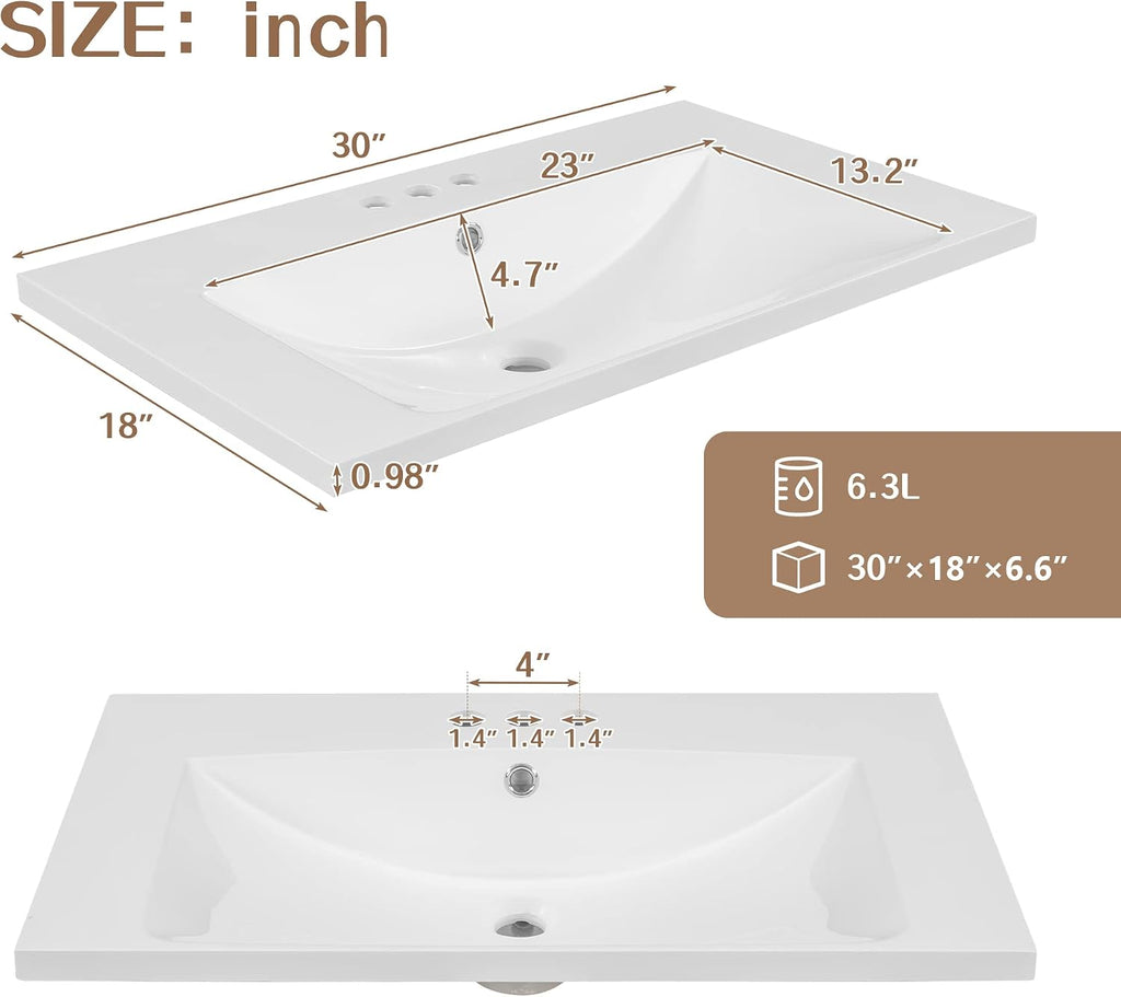 30' Bathroom Vanity with Sink Combo, Multi-Functional Bathroom Cabinet with Doors and Drawer, Solid Frame and MDF Board, White