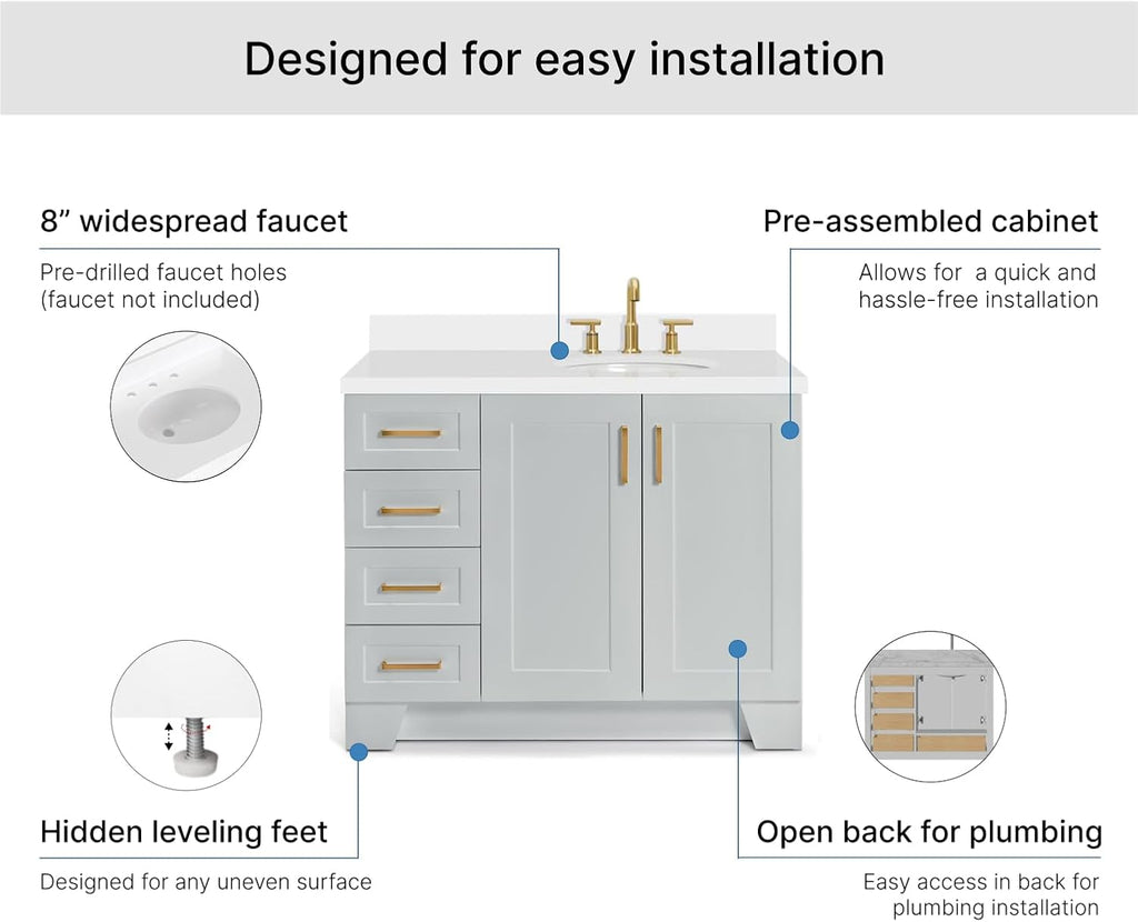 ARIEL Taylor 42-inch Bathroom Vanity with Sink,Solid Wood, 1.5-inch Pure White Quartz Countertop & Backsplash, Single Oval Porcelain Sink, 2 Soft Closing Doors, 5 Dovetail Drawers, Grey