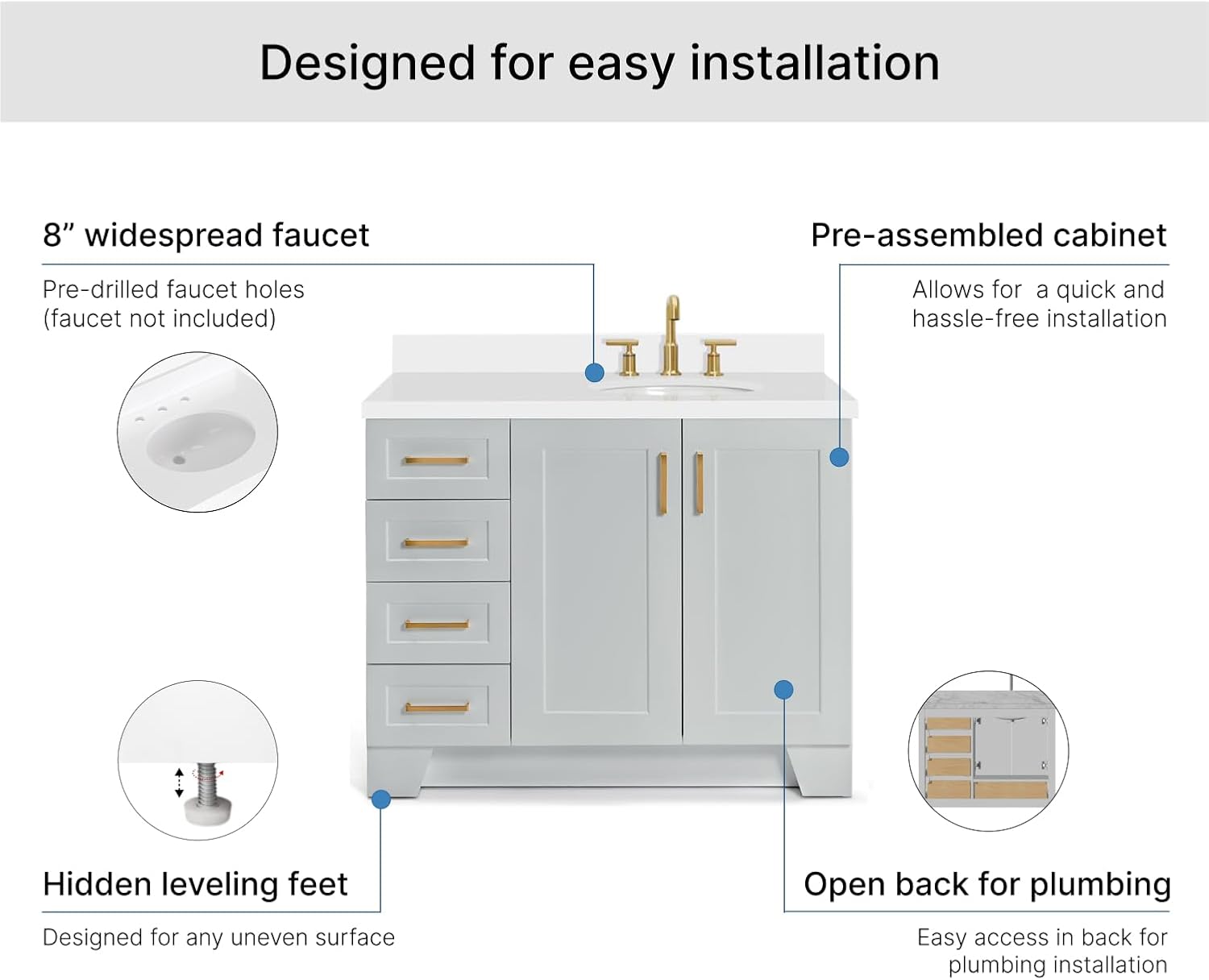 ARIEL Taylor 42-inch Bathroom Vanity with Sink,Solid Wood, 1.5-inch Pure White Quartz Countertop & Backsplash, Single Oval Porcelain Sink, 2 Soft Closing Doors, 5 Dovetail Drawers, Grey