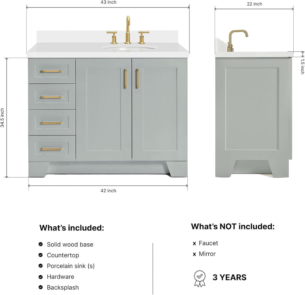 DKB Emilia 42' Grey Single Bathroom Vanity with Sink, 1.5' Pure White Quartz Countertop, Offset Oval Sink, 2 Soft-Closing Doors, 5 Dovetail Drawers