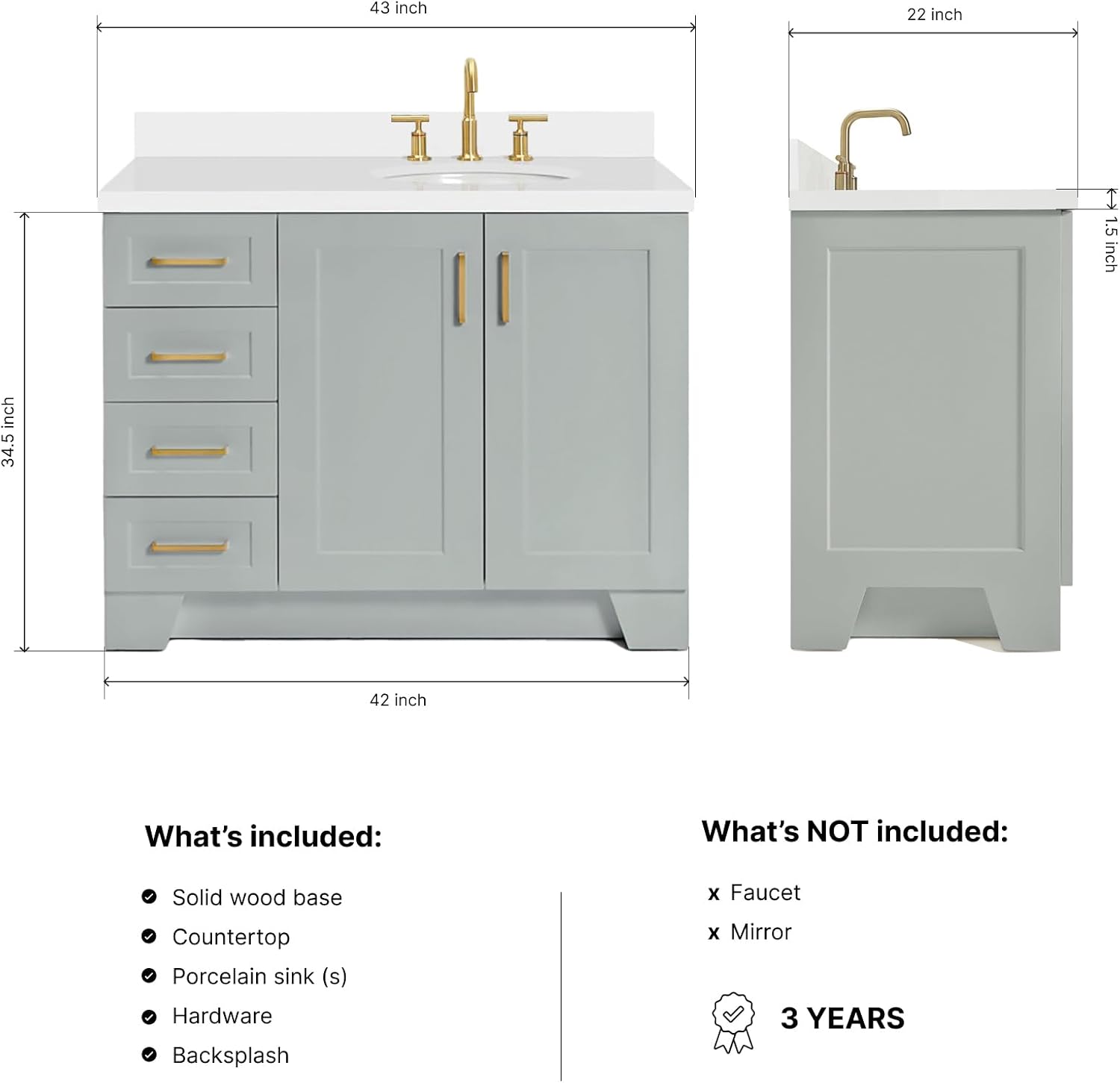 ARIEL Taylor 42-inch Bathroom Vanity with Sink,Solid Wood, 1.5-inch Pure White Quartz Countertop & Backsplash, Single Oval Porcelain Sink, 2 Soft Closing Doors, 5 Dovetail Drawers, Grey