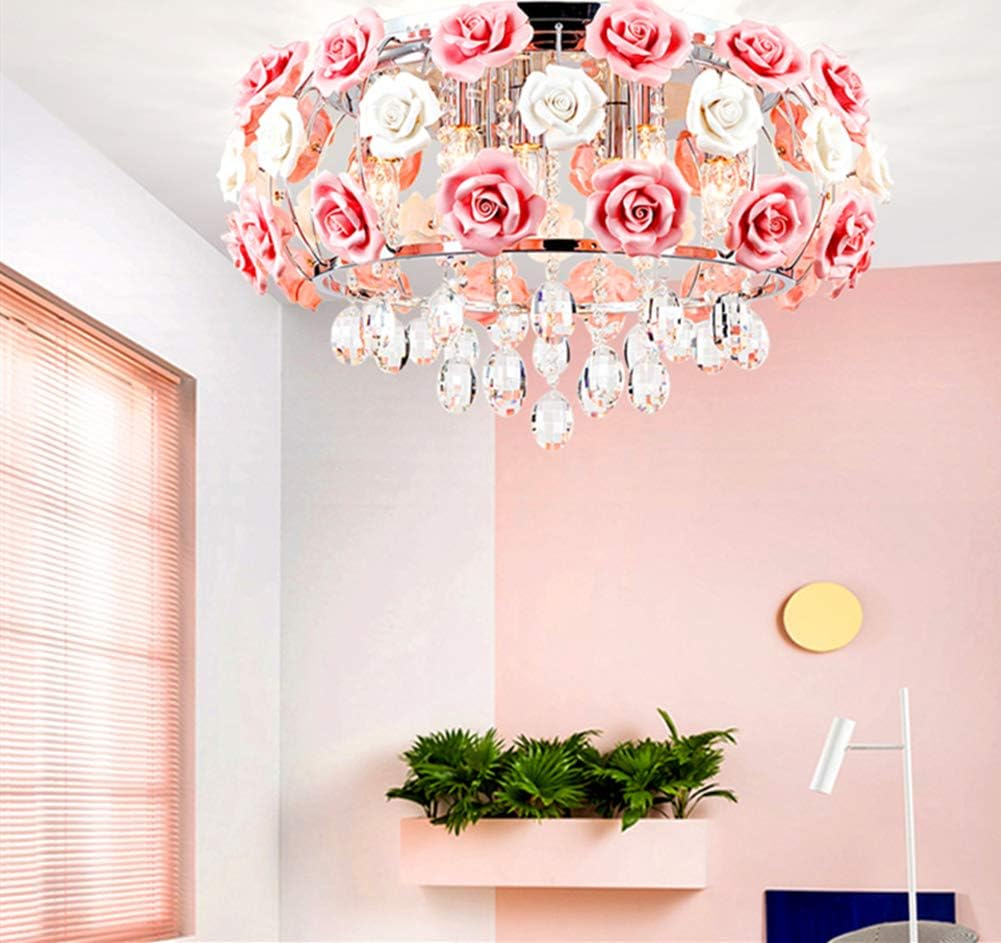 19.5inch Crystal Ceiling Light Fixtures Flush Mount Ceramic Rose Flowers, Chandelier Pendant Lighting with 5-Light E12 Socket for Living/Dining Room Bedroom Girl Room