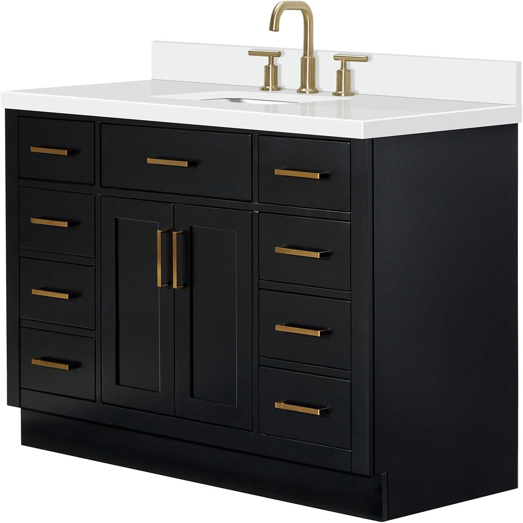 ARIEL Hepburn 48-inch Bathroom Vanity with Sink,Solid Wood, 1.5-inch Pure White Quartz Countertop & Backsplash, Single Rectangular Porcelain Sink, 2 Soft Closing Doors, 9 Dovetail Drawers, Black