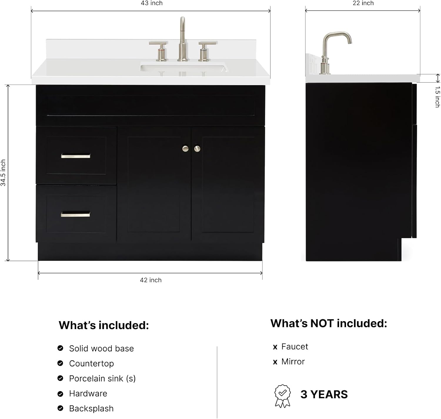 DKB Bradford 42' Black Single Bathroom Vanity with Sink, 1.5' Pure White Quartz Countertop, Rectangular Undermount Sink, Solid Wood Frame, 2 Soft-Closing Doors, 2 Dovetail Drawers