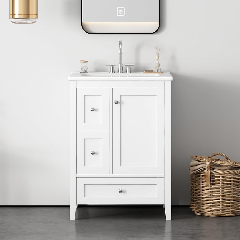 24' Bathroom Vanities with Undermount Ceramic Sink, Multi-Functional Storage Cabinet with Three Drawers and Adjustable Shelf, Soft-Closing Door, Solid Wood Legs, White