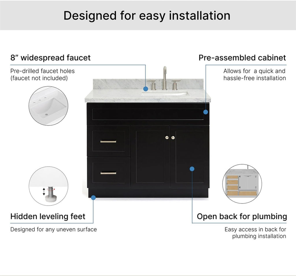 ARIEL Hamlet 42-inch Bathroom Vanity with Sink,Solid Wood, 1.5-inch Italian Carrara Marble Countertop, Single Rectangular Porcelain Sink, 2 Soft Closing Doors, 2 Dovetail Drawers, Black