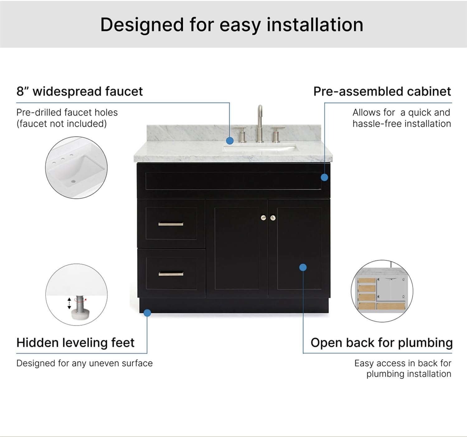 ARIEL Hamlet 42-inch Bathroom Vanity with Sink,Solid Wood, 1.5-inch Italian Carrara Marble Countertop, Single Rectangular Porcelain Sink, 2 Soft Closing Doors, 2 Dovetail Drawers, Black