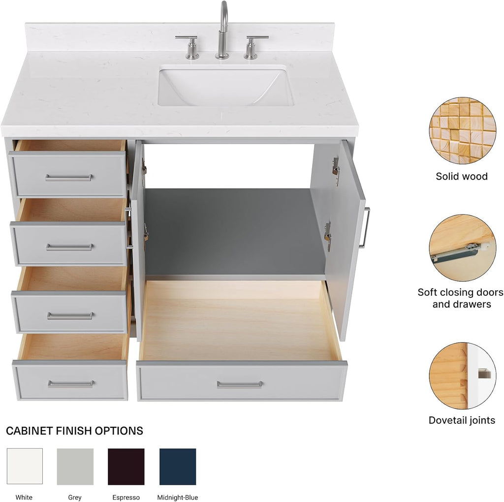 DKB Langford 42-inch Grey Bathroom Vanity with Right Rectangle Single Sink, Carrara White Quartz Countertop & Backsplash, Solid Wood Frame, Soft-Closing & Dovetail Drawers