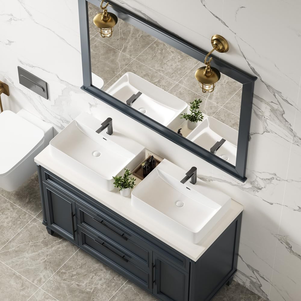 KINGWONG 24' Ceramic Vessel Sink | White Rectangular Bathroom Sink Above Counter or Wall Mounted | Large Porcelain Vanity Basin with Overflow Easy Clean Glossy Finish for Master Bath RV Farmhouse