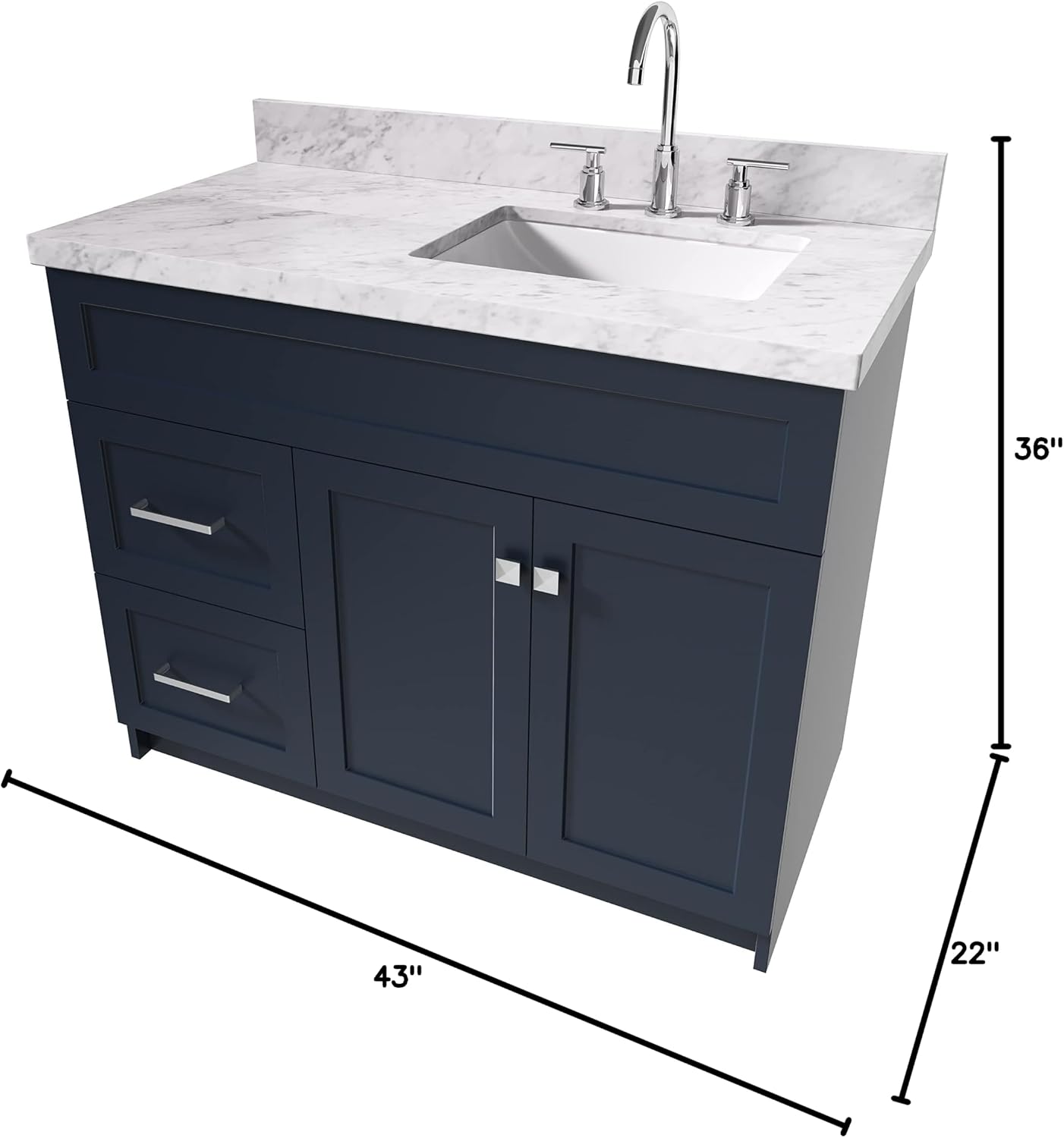 ARIEL 48' Grey Bathroom Vanity with Sink, 1.5' Pure White Quartz Countertop, Rectangular Sink, 2 Soft Close Doors, 4 Full Extension Dovetail Drawers, Brushed Nickel