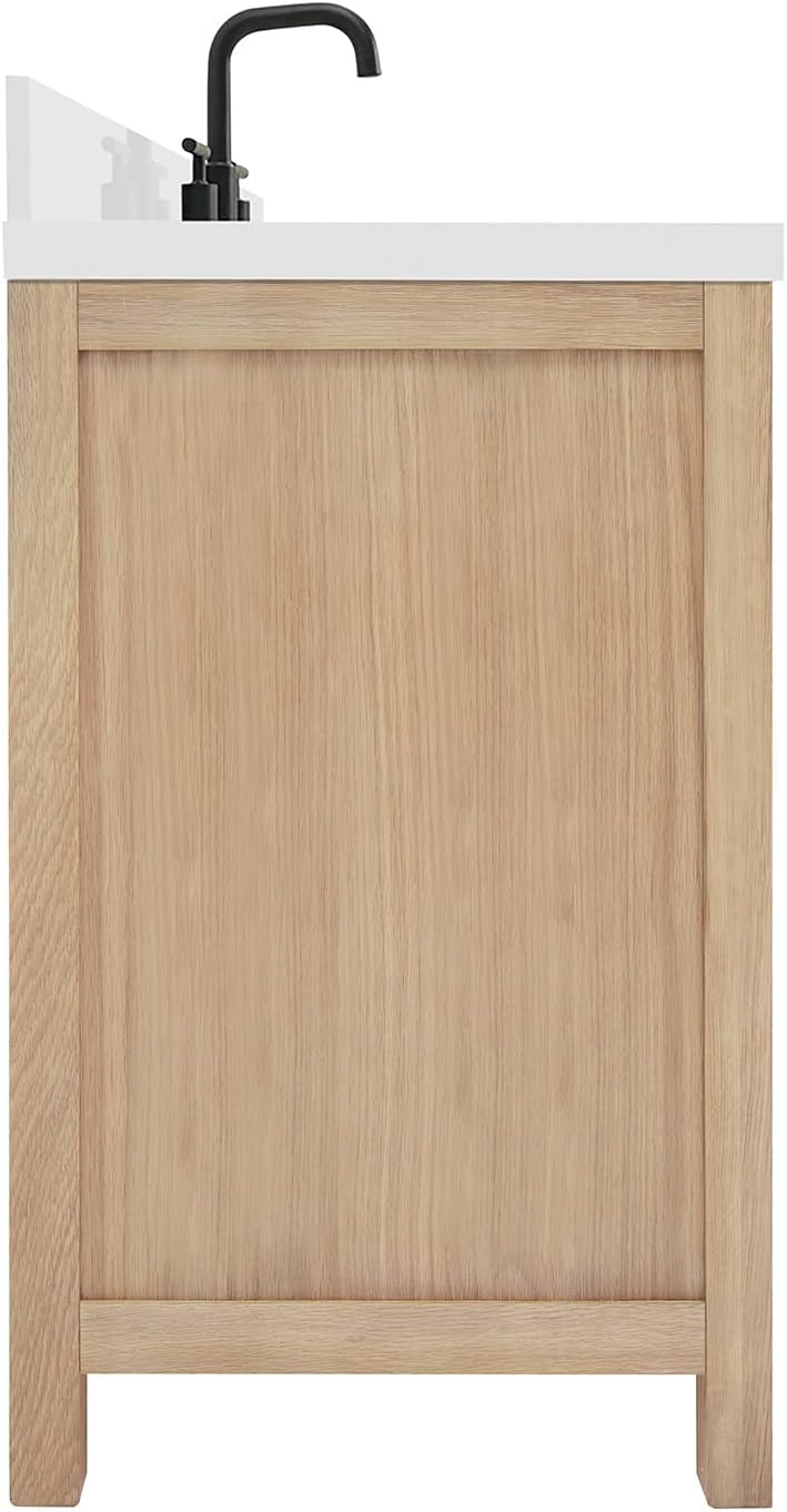 ARIEL Cambridge 66-inch Bathroom Vanity with Sink,Solid Wood, 1.5-inch Pure White Quartz Countertop, Single Rectangular Porcelain Sink, 2 Soft Closing Doors, 9 Dovetail Drawers, White Oak