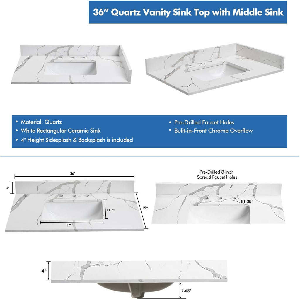 36 in.W x 22 in.D Quartz Calacatta River Vanity Top,with Undermount Middle Sink Vanity Top,with Two Sidesplash & One Backsplash,8 Inch Faucet Hole Spread Bathroom Vanity Sink Countertop