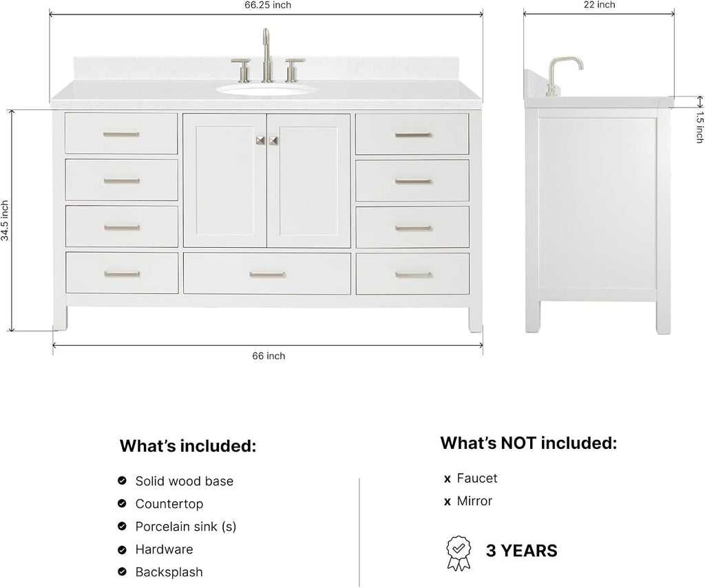 ARIEL Cambridge 66-inch Bathroom Vanity with Sink,Solid Wood, 1.5-inch Carrara White Quartz Countertop & Backsplash, Single Oval Porcelain Sink, 2 Soft Closing Doors, 9 Dovetail Drawers, White