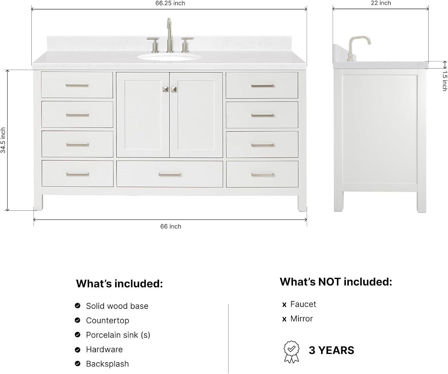 ARIEL Cambridge 66-inch Bathroom Vanity with Sink,Solid Wood, 1.5-inch Carrara White Quartz Countertop & Backsplash, Single Oval Porcelain Sink, 2 Soft Closing Doors, 9 Dovetail Drawers, White