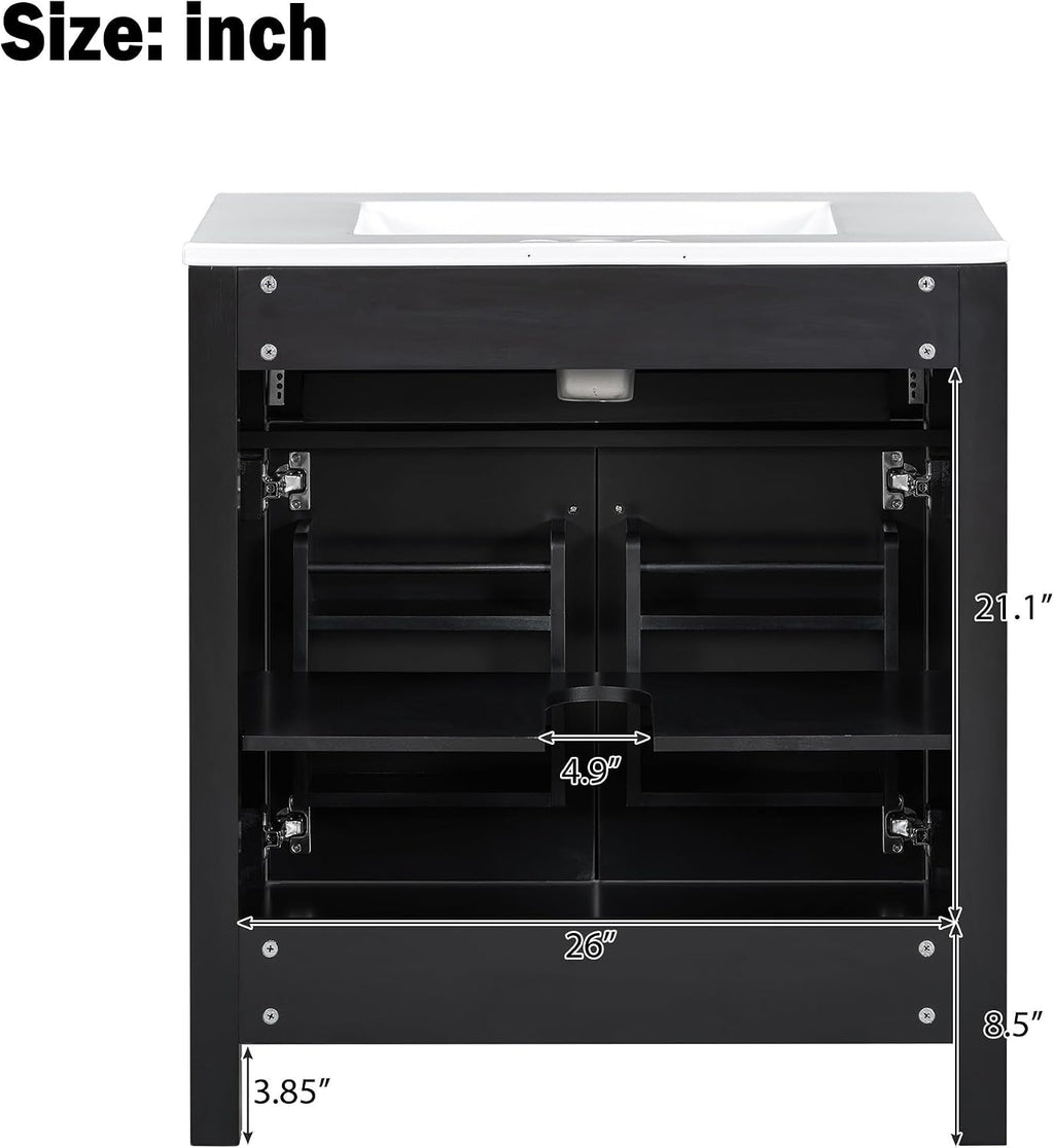 Harper & Bright Designs 60' Bathroom Vanity Set with Double Sink, Vanity Cabinet with Flip Drawer, 2 Doors, and Adjustable Shelf, Solid Wood Bathroom Cabinet with Ceramic Basin for Bathroom, Black