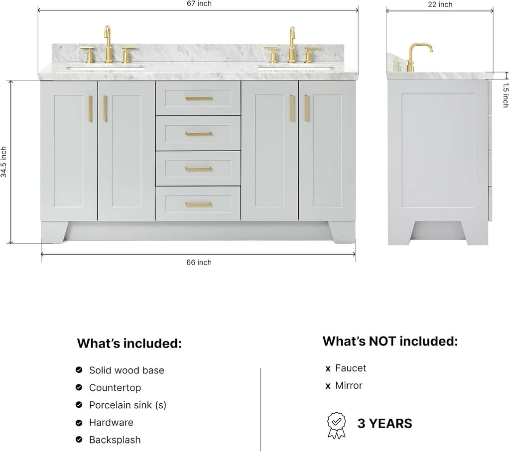 ARIEL Taylor 66-inch Bathroom Vanity with Sink,Solid Wood, 1.5-inch Italian Carrara Marble Countertop & Backsplash, Double Rectangular Porcelain Sink, 4 Soft Closing Doors, 5 Dovetail Drawers, Grey