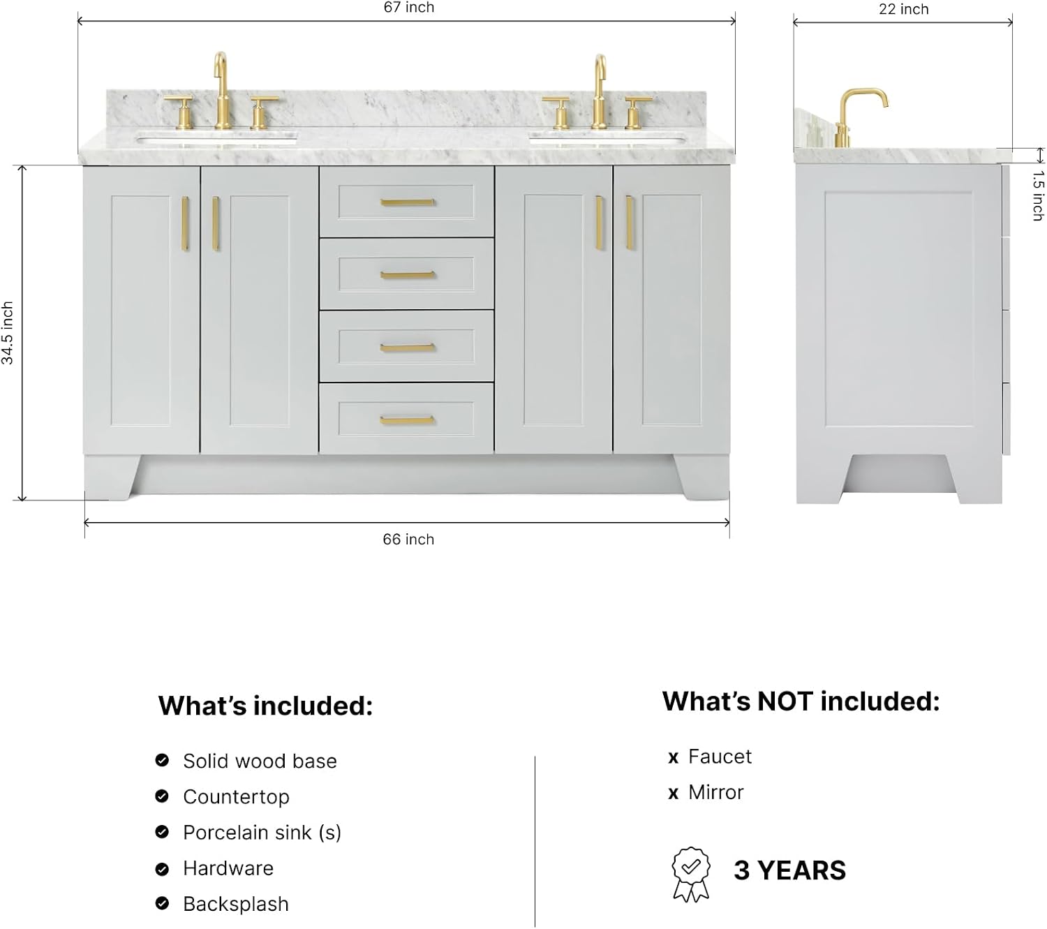 ARIEL Taylor 66-inch Bathroom Vanity with Sink,Solid Wood, 1.5-inch Italian Carrara Marble Countertop & Backsplash, Double Rectangular Porcelain Sink, 4 Soft Closing Doors, 5 Dovetail Drawers, Grey