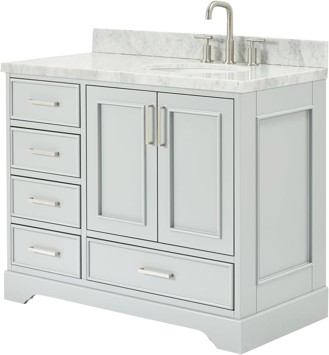 DKB Langford 42-inch Grey Bathroom Vanity with Right Oval Single Sink, Italian Carrara Marble Countertop & Backsplash, Solid Wood Frame, Soft-Closing & Dovetail Drawers