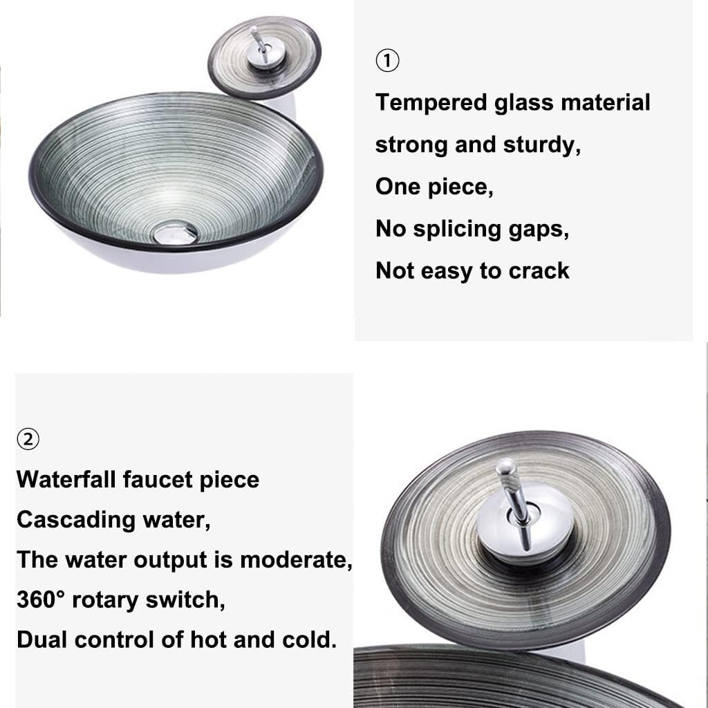 Modern Tempered Glass Vessel Bowl Sink Spiral Pattern Artistic Bathroom Vanity Sink Top Mount with Waterfall Faucet & Pop Up Drain (Color : Gray, Size : 42x42x14.5cm)