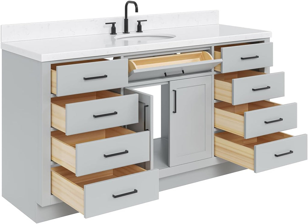ARIEL Hepburn 66-inch Bathroom Vanity with Sink,Solid Wood, 1.5-inch Carrara White Quartz Countertop & Backsplash, Single Oval Porcelain Sink, 2 Soft Closing Doors, 9 Dovetail Drawers, Grey