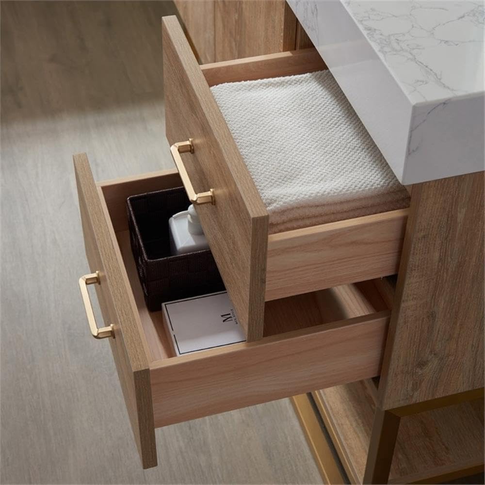 Pemberly Row 42' White Grain Stone Top Bathroom Vanity, Oak Finish, Solid Wood Construction, Ceramic Sink with Overflow, Brushed Gold Hardware, Soft-Closing Doors and Drawers, Contemporary Style