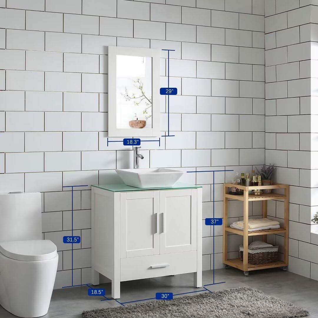 White 30' Bathroom Vanity Sink Combo Wood Bathroom Cabinet Glass Top w/Mirror Faucet & Drain Set