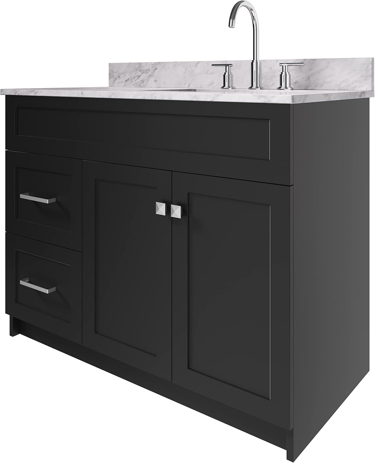 ARIEL Hamlet 43 in. Right Offset Rectangle Sink Vanity with 0.75 in. Carrara White Countertop in Black