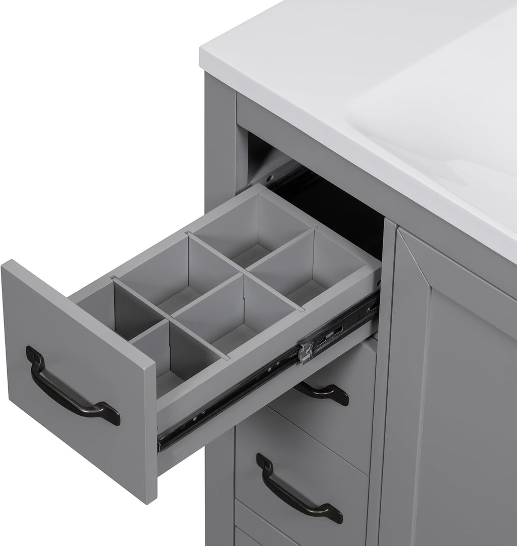 Favfurish 36' Bathroom Vanity Without Top Sink,6-Drawer Freestanding Cabinet Base with Multi-Functional Divider & Adjustable Shelf,Solid Wood MDF Vanity Only, Water Resistant,Grey
