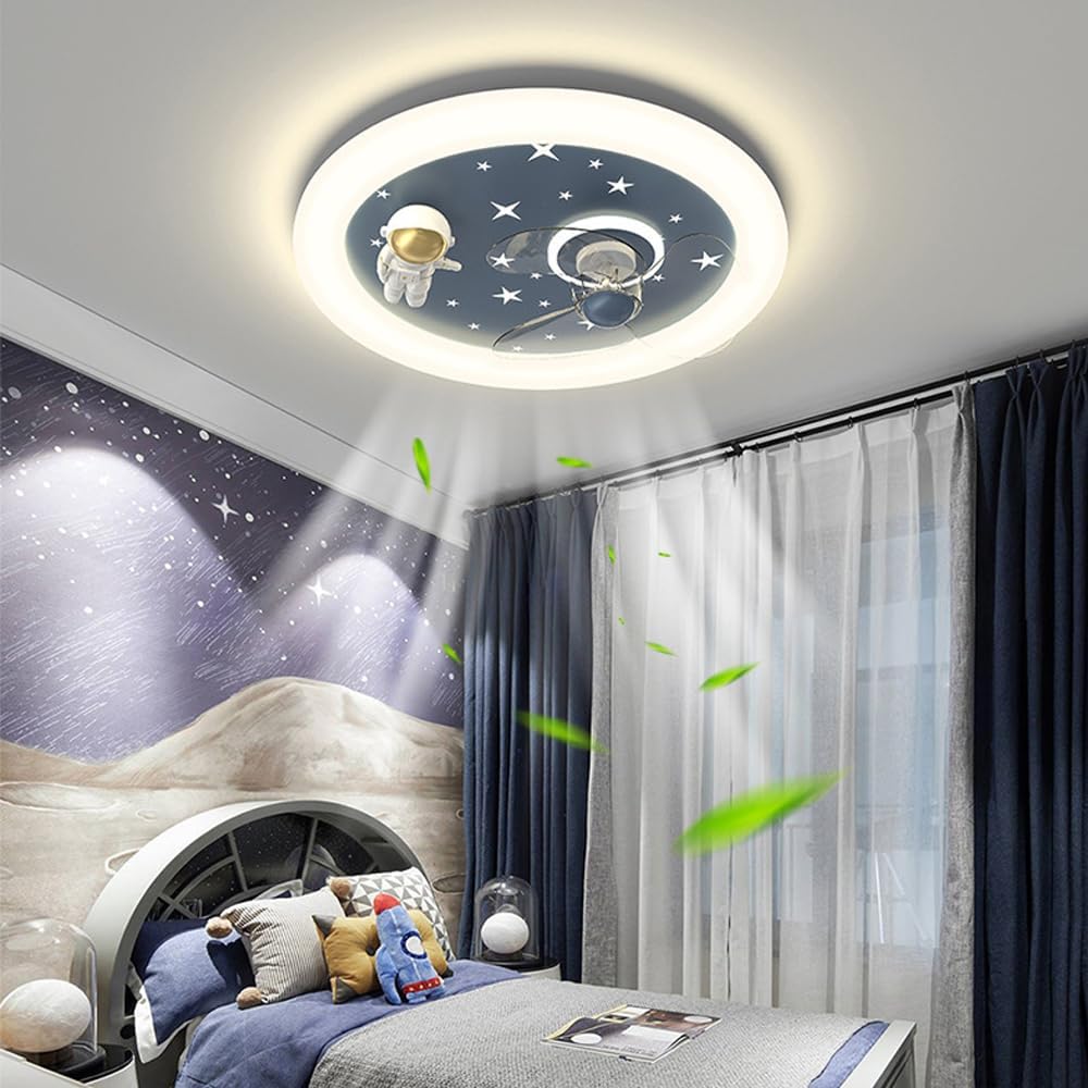 Cartoon Astronaut Kid's Room Ceiling Fans with Lights Children's Room Led Ceiling Lamp Creative Nursery Bedroom Ceiling Fan Lamp Dimmable for Boys Girls Room Ventilator Lamp 46W