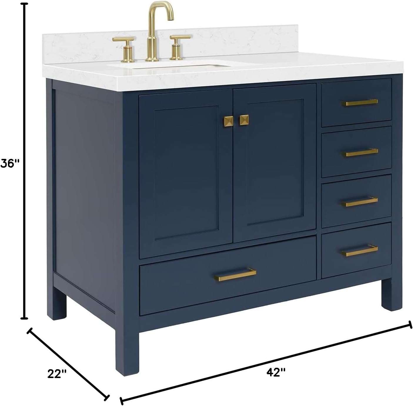 ARIEL Cambridge 42 Inch Single Left Offset Rectangle Sink Bathroom Vanity with Carrara White Quartz Countertop 1.5 Edge in Midnight Blue