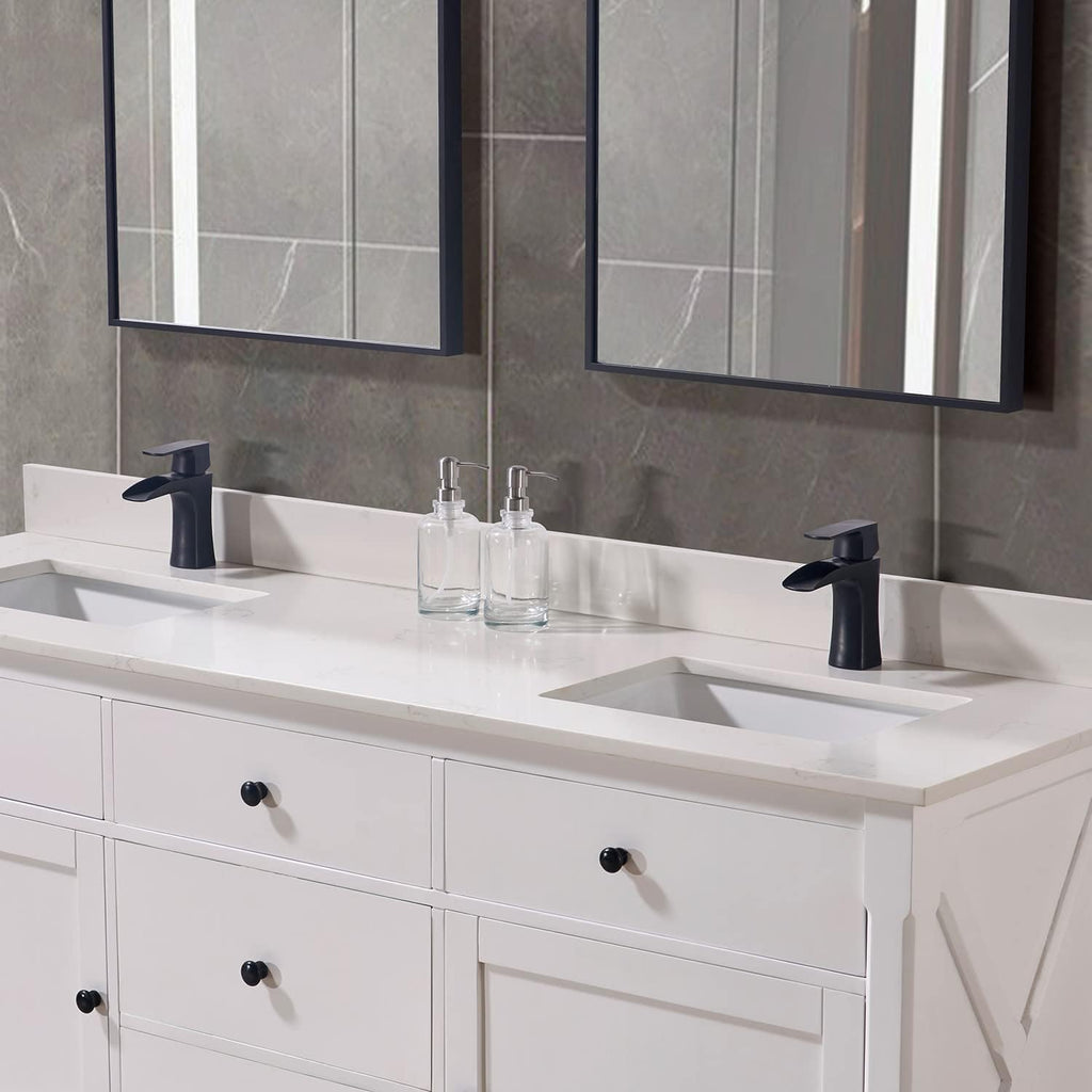 Pemberly Row Modern 73' Composite Stone Double Vanity Top, White Finish, Fits 72' W x 21' D Vanity Cabinet, Includes 2 Undermount Ceramic Basins, Pre-Drilled Faucet Holes, Matching 4' Backsplash