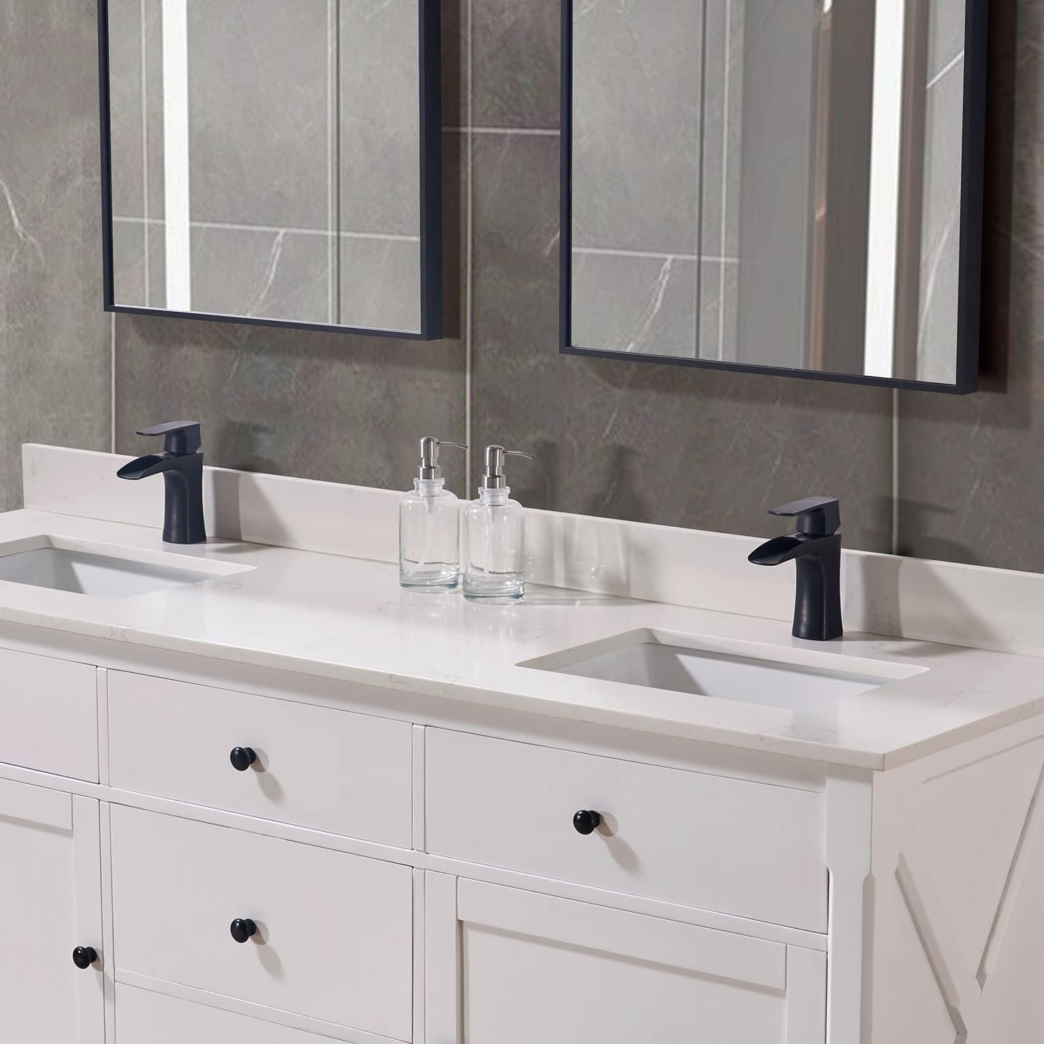 Pemberly Row Modern 73' Composite Stone Double Vanity Top, White Finish, Fits 72' W x 21' D Vanity Cabinet, Includes 2 Undermount Ceramic Basins, Pre-Drilled Faucet Holes, Matching 4' Backsplash