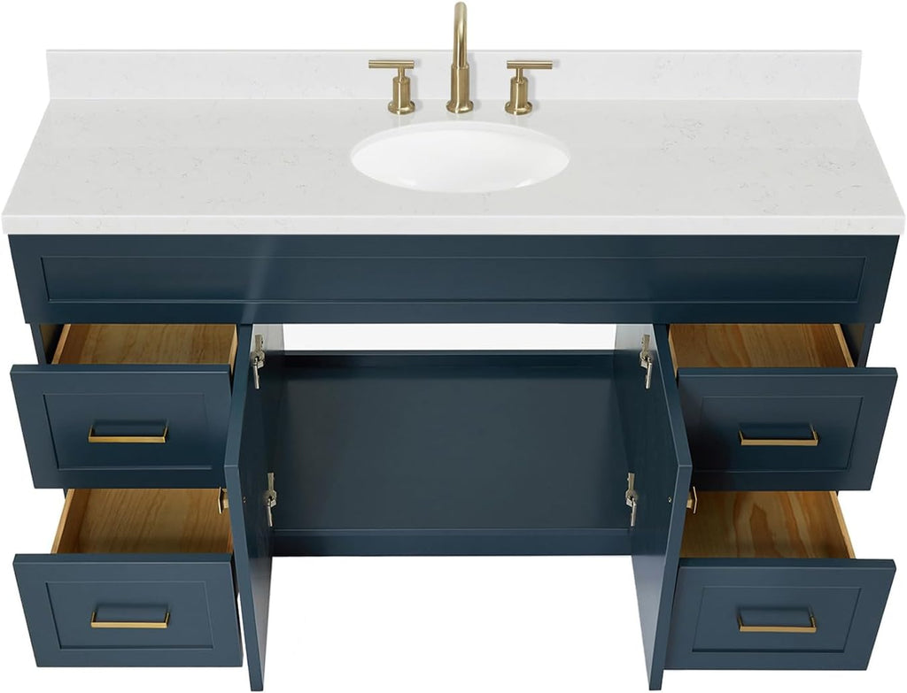ARIEL Hamlet 60-inch Bathroom Vanity with Sink,Solid Wood, 1.5-inch Carrara White Quartz Countertop & Backsplash, Single Oval Porcelain Sink, 2 Soft Closing Doors, 4 Dovetail Drawers, Midnight Blue