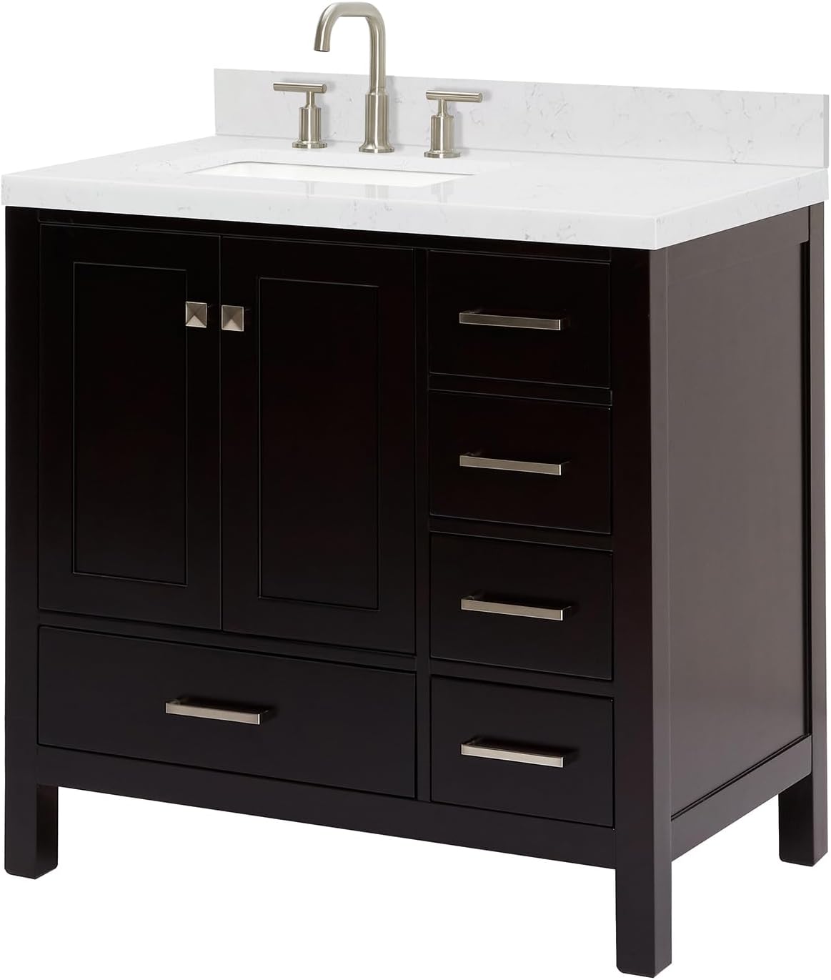 ARIEL Cambridge 36-inch Bathroom Vanity with Sink,Solid Wood, 1.5-inch Carrara White Quartz Countertop, Single Rectangular Porcelain Sink, 2 Soft Closing Doors, 5 Dovetail Drawers, Espresso