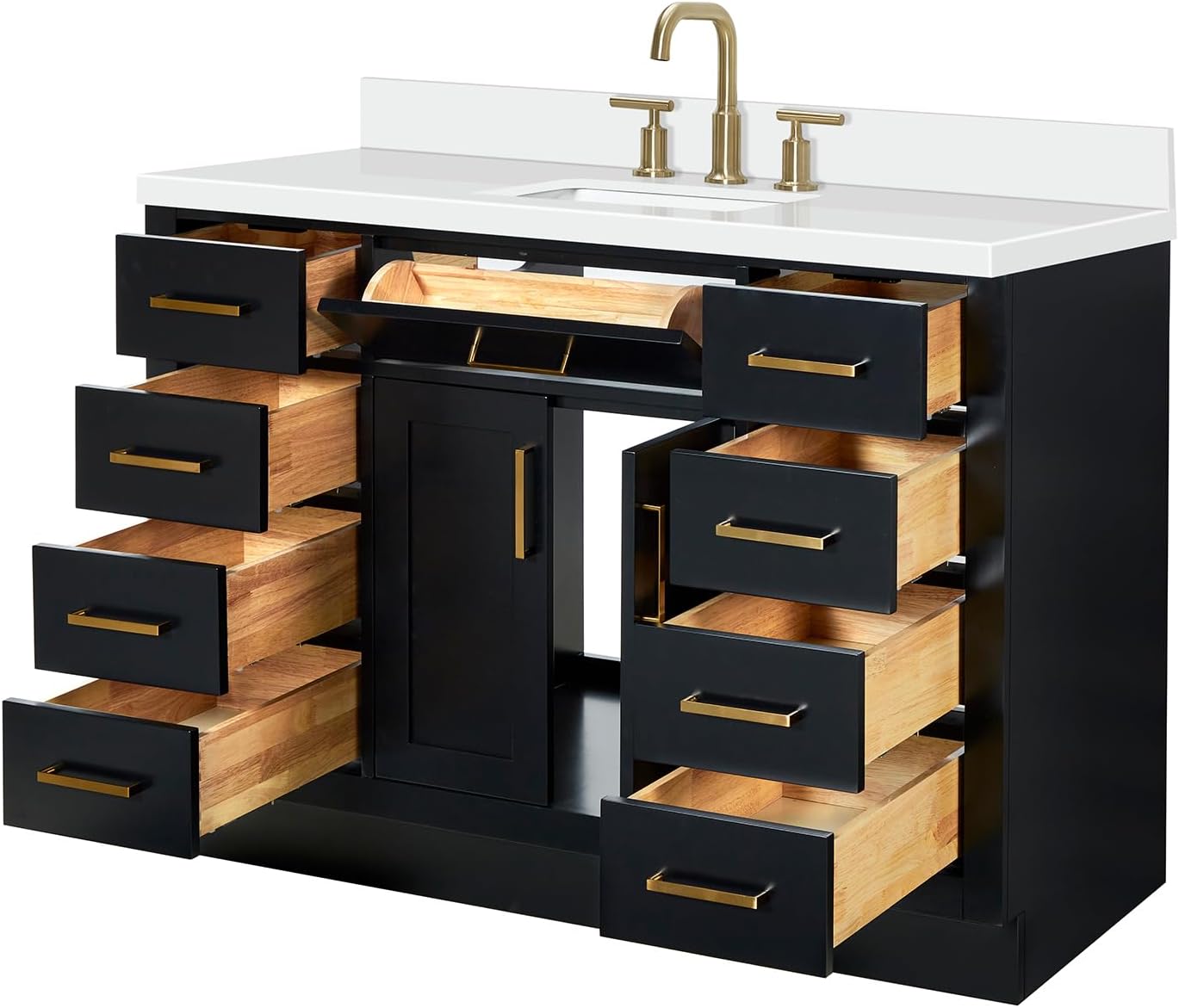 ARIEL Hepburn 48-inch Bathroom Vanity with Sink,Solid Wood, 1.5-inch Pure White Quartz Countertop & Backsplash, Single Rectangular Porcelain Sink, 2 Soft Closing Doors, 9 Dovetail Drawers, Black
