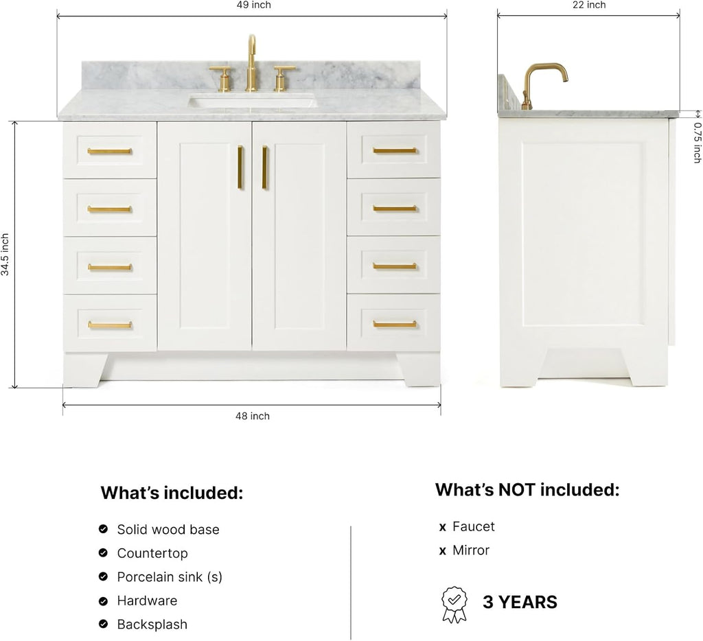ARIEL Taylor 48-inch Bathroom Vanity with Sink,Solid Wood, 0.75-inch Italian Carrara Marble Countertop, Single Rectangular Porcelain Sink, 2 Soft Closing Doors, 9 Dovetail Drawers, White
