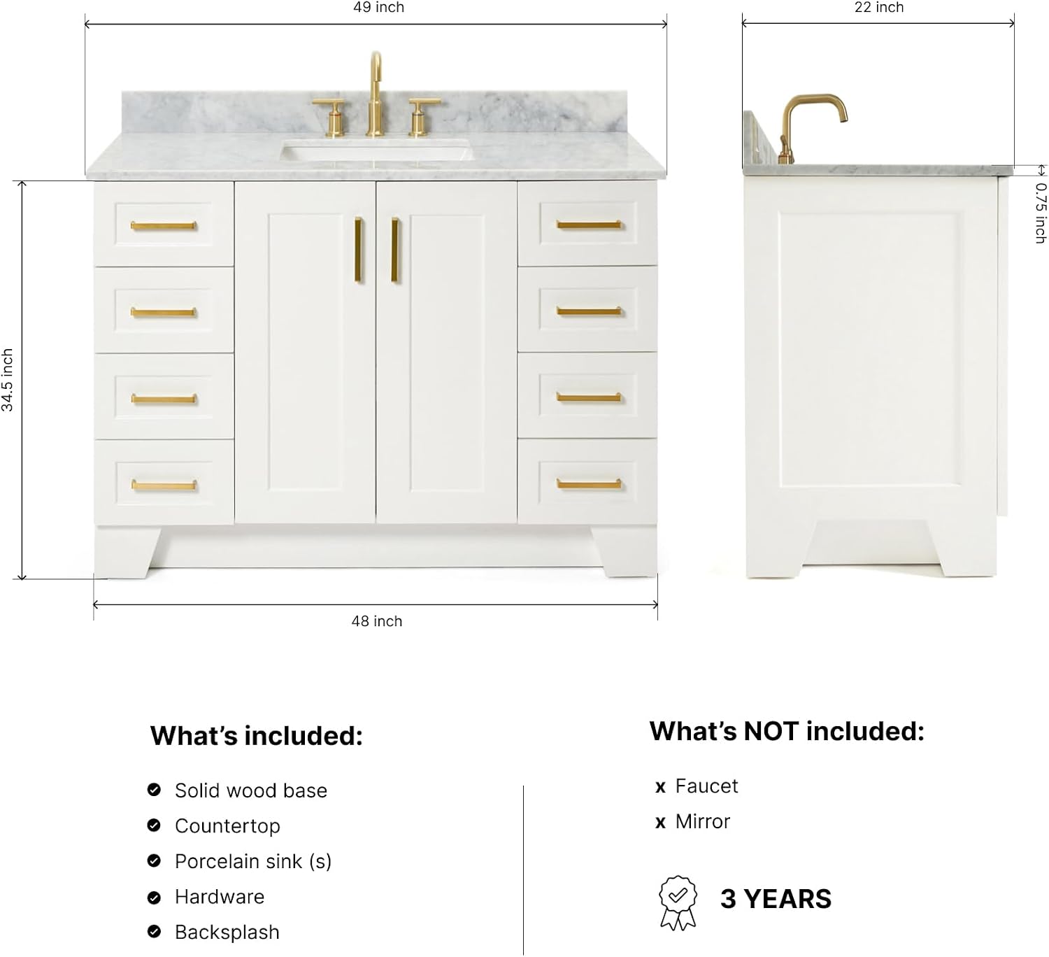 ARIEL Taylor 48-inch Bathroom Vanity with Sink,Solid Wood, 0.75-inch Italian Carrara Marble Countertop, Single Rectangular Porcelain Sink, 2 Soft Closing Doors, 9 Dovetail Drawers, White