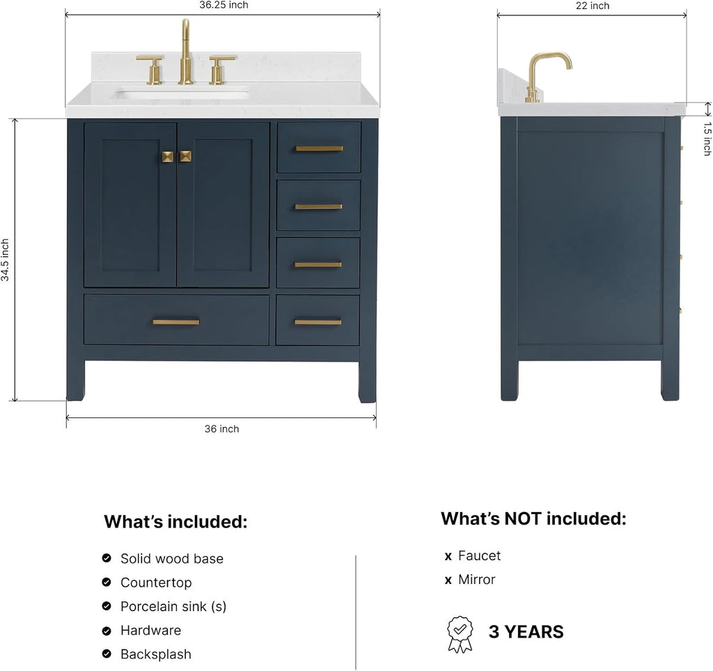 ARIEL Cambridge 36-inch Bathroom Vanity with Sink,Solid Wood, 1.5-inch Carrara White Quartz Countertop, Single Rectangular Porcelain Sink, 2 Soft Closing Doors, 5 Dovetail Drawers, Midnight Blue