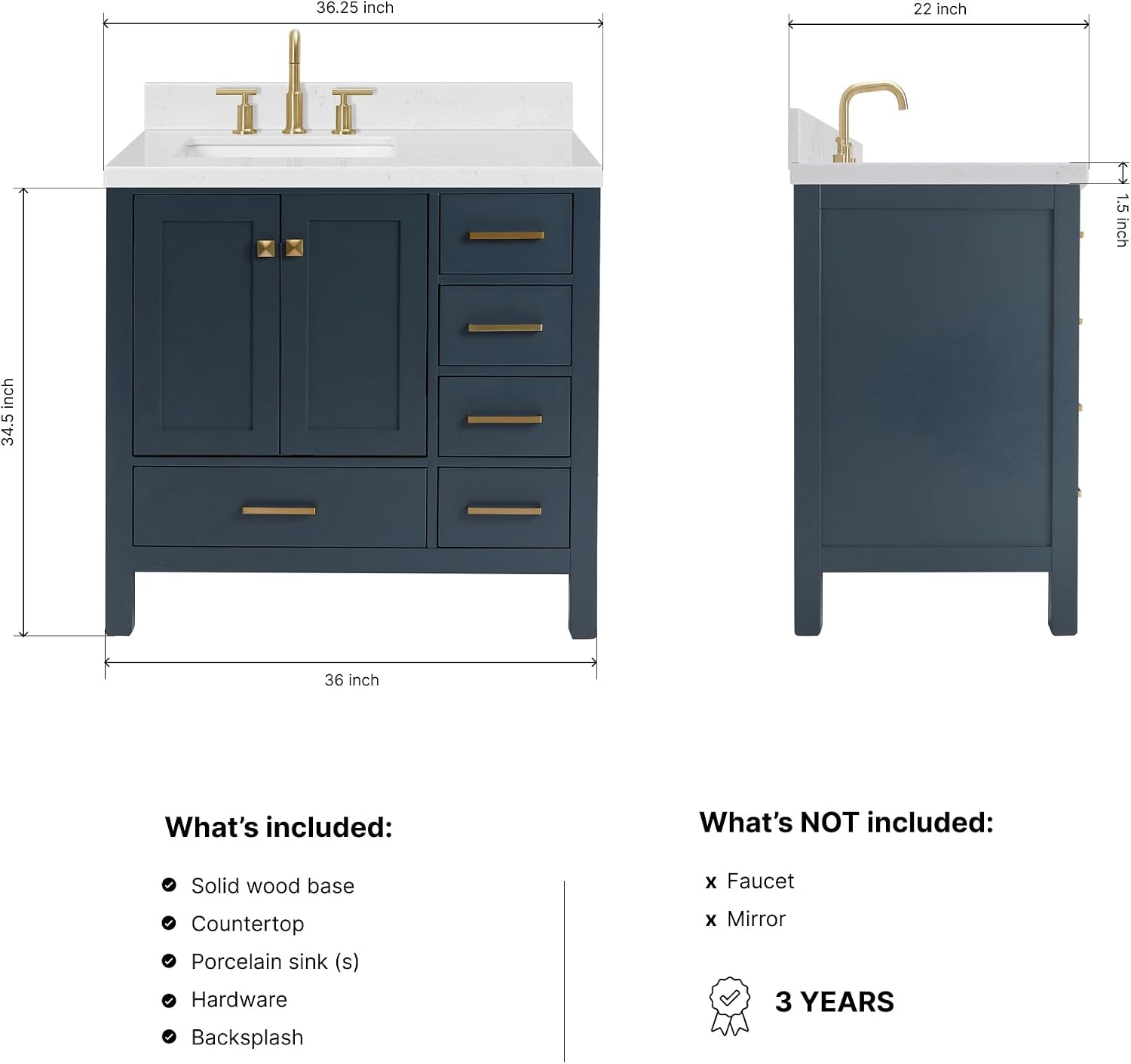 ARIEL Cambridge 36-inch Bathroom Vanity with Sink,Solid Wood, 1.5-inch Carrara White Quartz Countertop, Single Rectangular Porcelain Sink, 2 Soft Closing Doors, 5 Dovetail Drawers, Midnight Blue