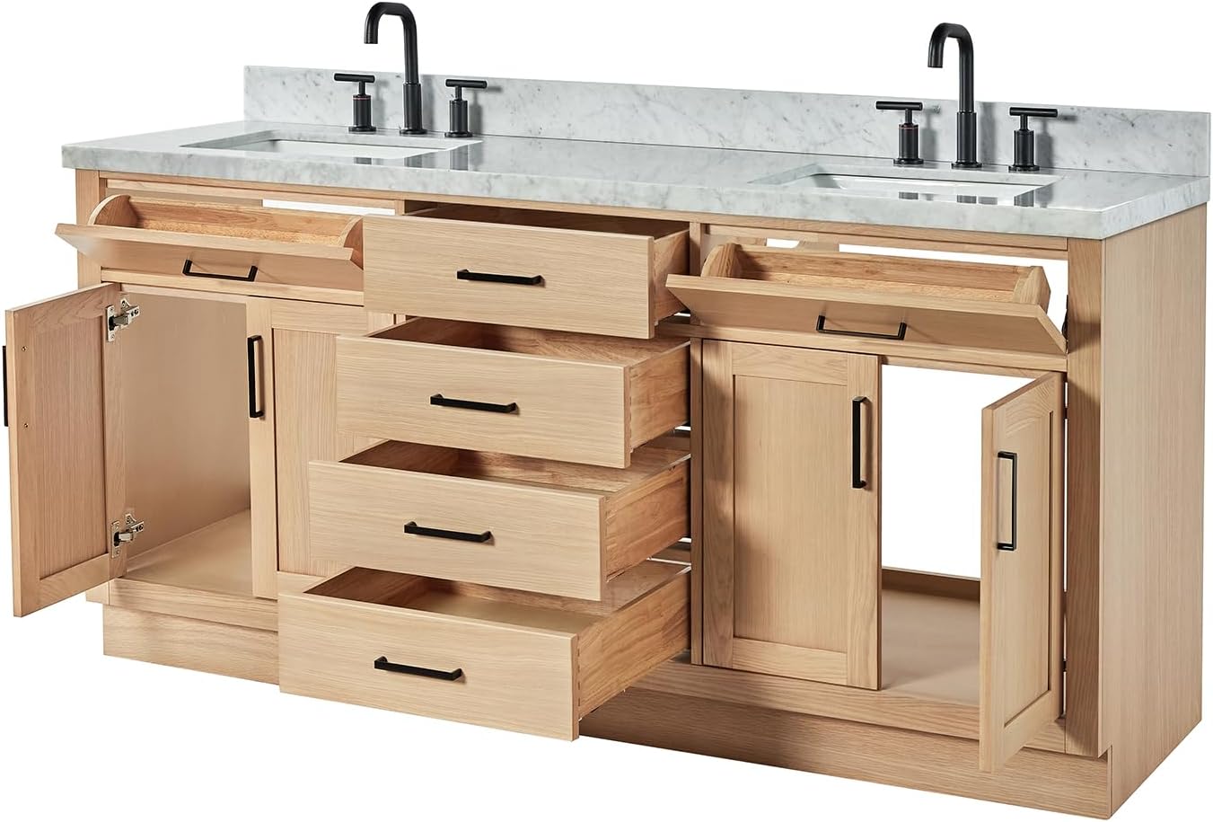 DKB Isabella 72' Oak Double Bathroom Vanity with Sink, 1.5' Carrara White Marble Countertop, Rectangle Undermount Sinks, 4 Soft Closing Doors, 6 Dovetail Drawers