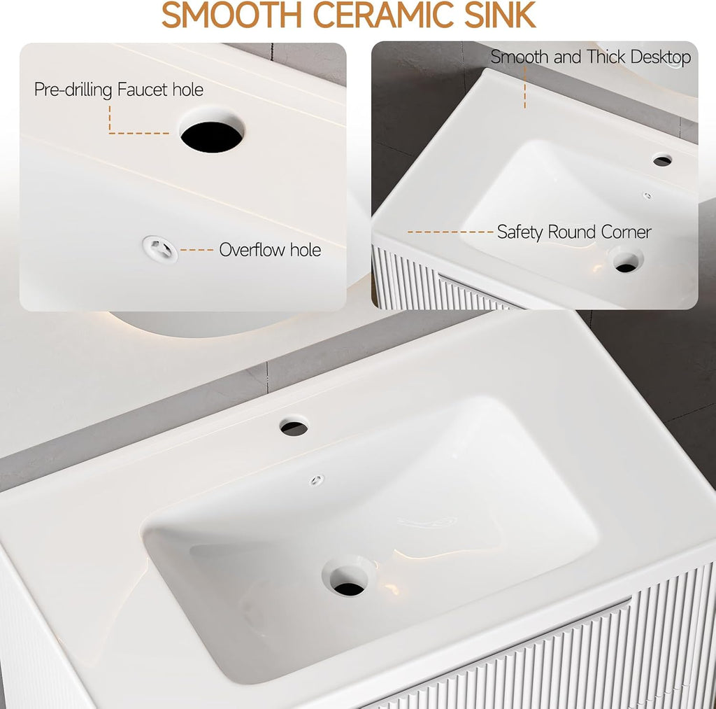 ONBRILL Modern Bathroom Vanity with Sink Combo, Curved Floating Bath Vanity with 2 Drawers, Wall Mount Bathroom Vanities with Integrated Ceramic Sink for Small Space, Apartment (White, 36')