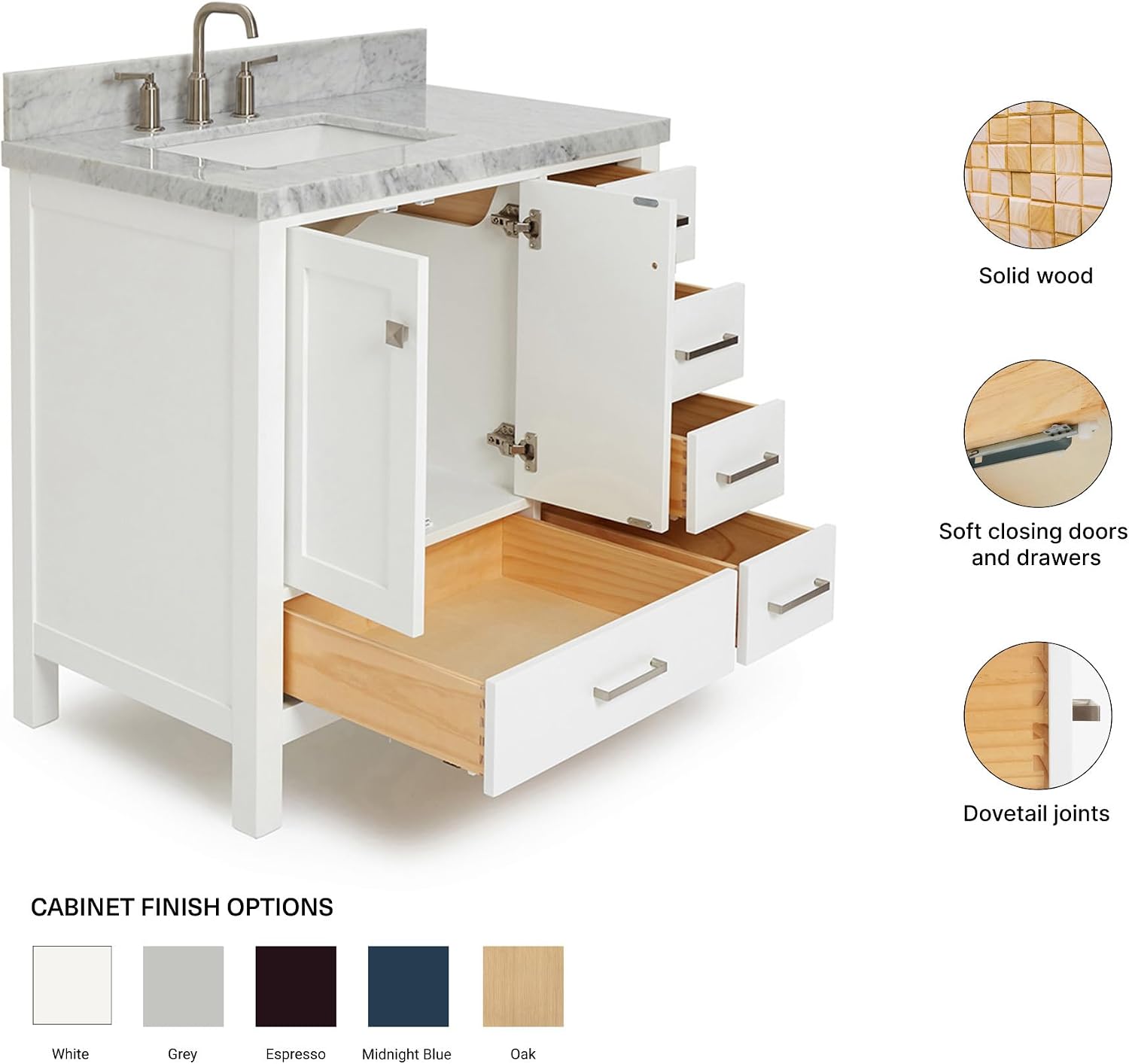 ARIEL Cambridge 36-inch Bathroom Vanity with Sink,Solid Wood, 1.5-inch Italian Carrara Marble Countertop, Single Rectangular Porcelain Sink, 2 Soft Closing Doors, 5 Dovetail Drawers, White