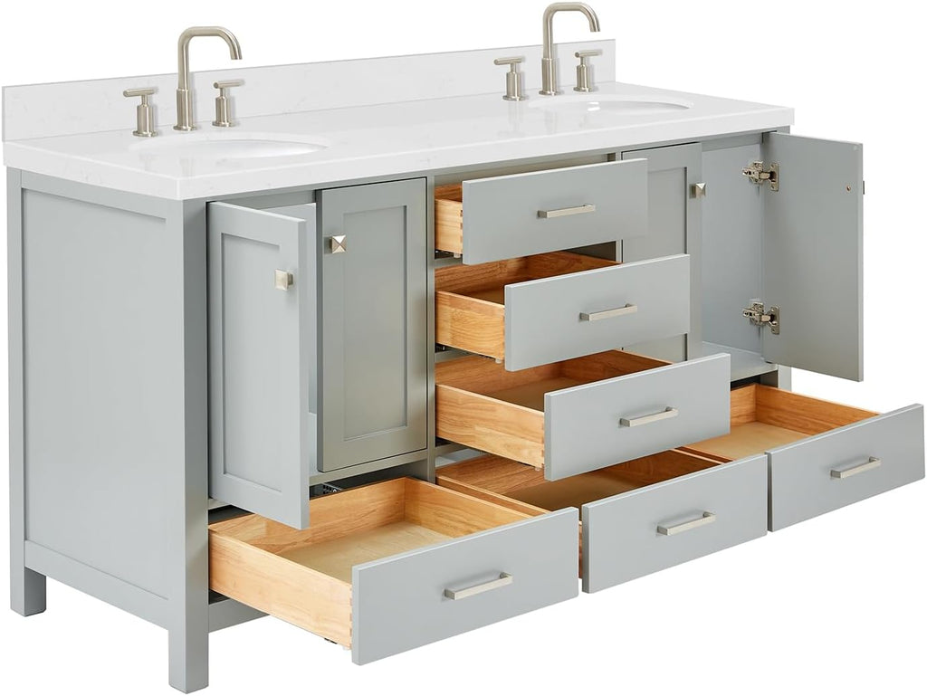 ARIEL Cambridge 66-inch Bathroom Vanity with Sink,Solid Wood, 1.5-inch Carrara White Quartz Countertop & Backsplash, Double Oval Porcelain Sink, 4 Soft Closing Doors, 6 Dovetail Drawers, Grey