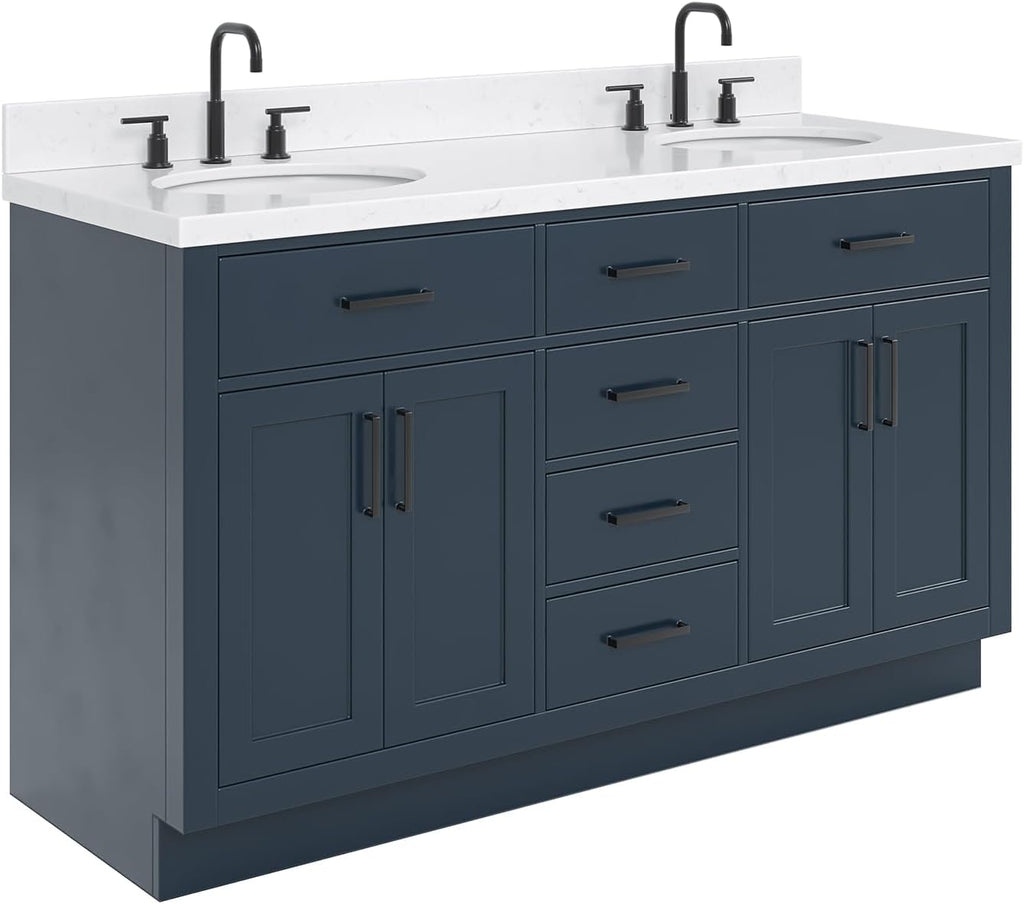 ARIEL Hepburn 60-inch Bathroom Vanity with Sink,Solid Wood, 1.5-inch Carrara White Quartz Countertop, Double Oval Porcelain Sink, 4 Soft Closing Doors, 6 Dovetail Drawers, Midnight Blue