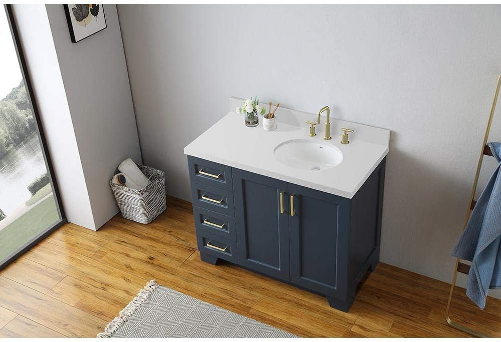 ARIEL Taylor 42-inch Bathroom Vanity with Sink,Solid Wood, 1.5-inch Pure White Quartz Countertop & Backsplash, Single Rectangular Sink, 2 Soft Closing Doors, 5 Dovetail Drawers, Midnight Blue