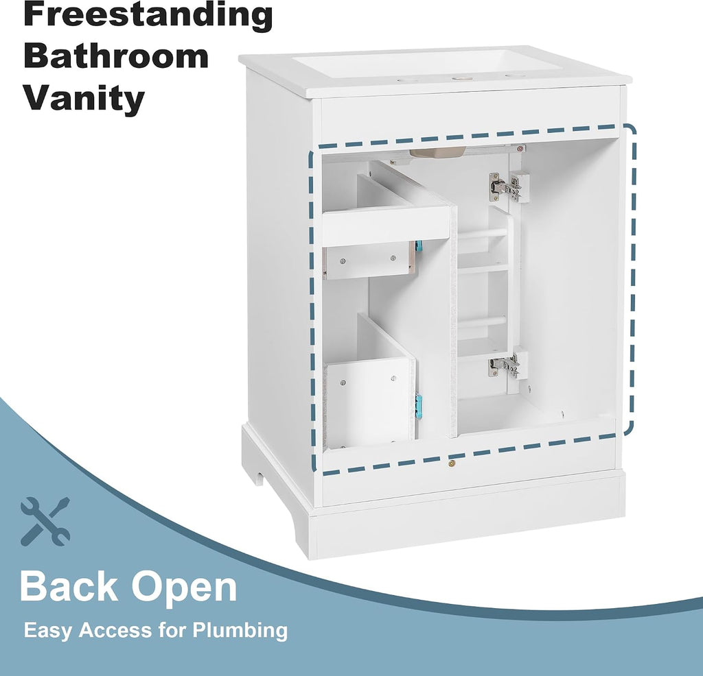 Bathroom Vanity with Sink 24 Inch, Tip-Out Drawer and Door Rack, Adjustable Shelf, Soft-Closing Drawers and Door, White