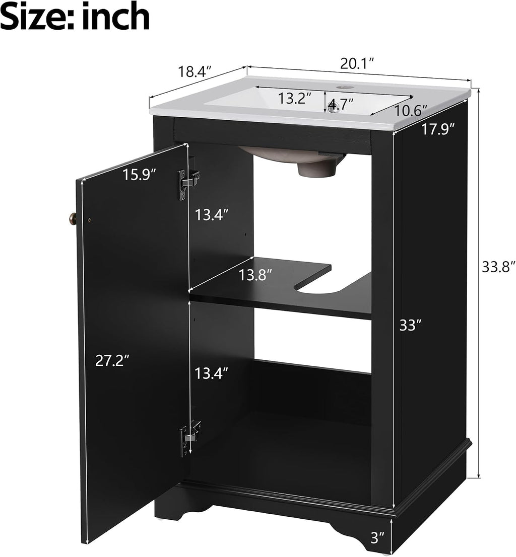20-inch Bathroom Vanity with Sink Combo, Free-Standing Single Bathroom Storage Cabinet with Soft Close Door & Adjustable Shelf, Wooden Vanity Set with Ceramic Basin for Bathroom (Black)